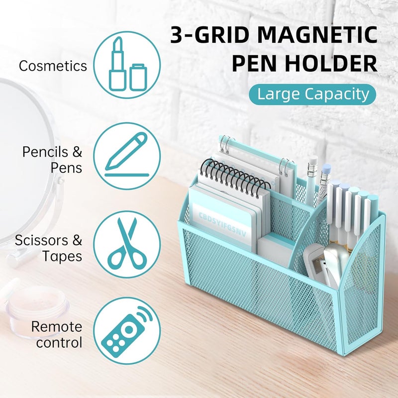 DALTACK Magnetic Pencil Holder - 3-Grid Mesh Shelf for Whiteboard, Refrigerator & Locker - Organizer for Home, School & Office, Blue - Image 3